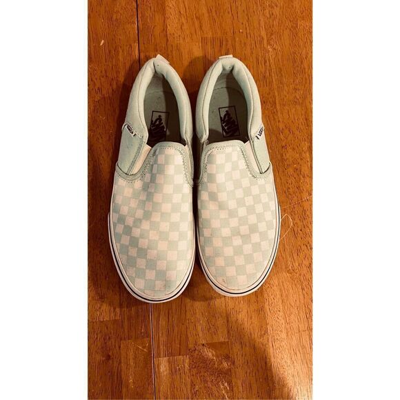 Vans Mint Green Checkered Slip On Sneakers Missy Size 5.5 - Picture 2 of 11